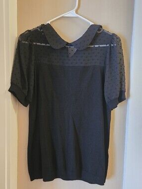 NWOT Black Semi-Sheer Dot Peter Pan Collar Top
